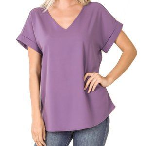 Lilac Grey Woven Heavy Dobby Rolled Sleeve Top